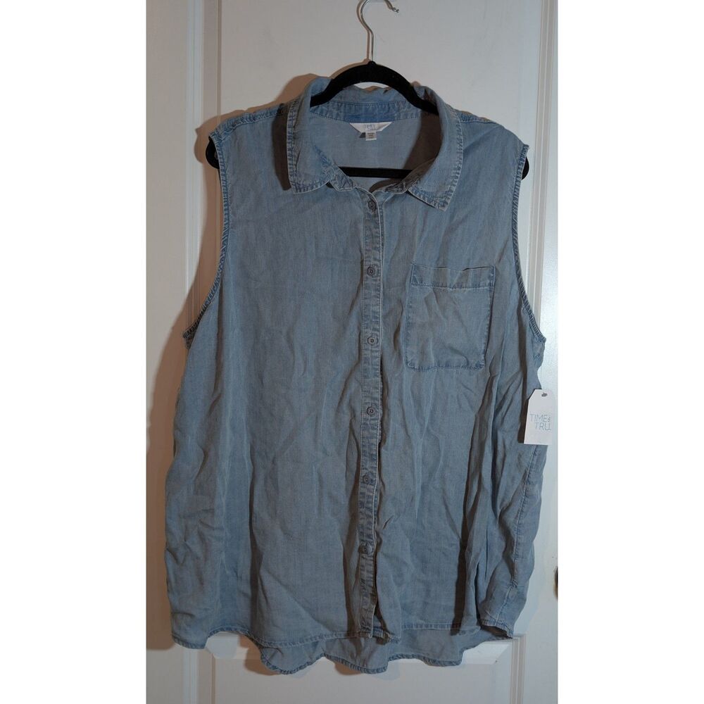 Time and Tru Chambray Top XXXL 22 Sleeveless Button Up Shirt Blue NWT